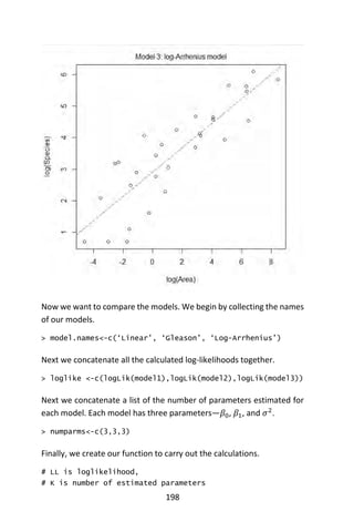 198
Now we want to compare the models. We begin by collecting the names
of our models.
> model.names<-c(‘Linear’, ‘Gleason’, ‘Log-Arrhenius’)
Next we concatenate all the calculated log-likelihoods together.
> loglike <-c(logLik(model1),logLik(model2),logLik(model3))
Next we concatenate a list of the number of parameters estimated for
each model. Each model has three parameters—𝛽0, 𝛽1, and 𝜎2
.
> numparms<-c(3,3,3)
Finally, we create our function to carry out the calculations.
# LL is loglikelihood,
# K is number of estimated parameters
 