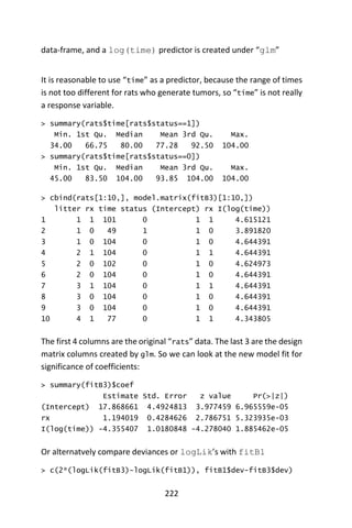 222
data-frame, and a log(time) predictor is created under “glm”
It is reasonable to use “time” as a predictor, because the range of times
is not too different for rats who generate tumors, so “time” is not really
a response variable.
> summary(rats$time[rats$status==1])
Min. 1st Qu. Median Mean 3rd Qu. Max.
34.00 66.75 80.00 77.28 92.50 104.00
> summary(rats$time[rats$status==0])
Min. 1st Qu. Median Mean 3rd Qu. Max.
45.00 83.50 104.00 93.85 104.00 104.00
> cbind(rats[1:10,], model.matrix(fitB3)[1:10,])
litter rx time status (Intercept) rx I(log(time))
1 1 1 101 0 1 1 4.615121
2 1 0 49 1 1 0 3.891820
3 1 0 104 0 1 0 4.644391
4 2 1 104 0 1 1 4.644391
5 2 0 102 0 1 0 4.624973
6 2 0 104 0 1 0 4.644391
7 3 1 104 0 1 1 4.644391
8 3 0 104 0 1 0 4.644391
9 3 0 104 0 1 0 4.644391
10 4 1 77 0 1 1 4.343805
The first 4 columns are the original “rats” data. The last 3 are the design
matrix columns created by glm. So we can look at the new model fit for
significance of coefficients:
> summary(fitB3)$coef
Estimate Std. Error z value Pr(>|z|)
(Intercept) 17.868661 4.4924813 3.977459 6.965559e-05
rx 1.194019 0.4284626 2.786751 5.323935e-03
I(log(time)) -4.355407 1.0180848 -4.278040 1.885462e-05
Or alternatvely compare deviances or logLik’s with fitB1
> c(2*(logLik(fitB3)-logLik(fitB1)), fitB1$dev-fitB3$dev)
 