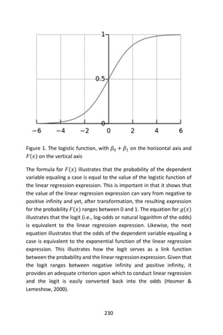230
Figure 1. The logistic function, with 𝛽0 + 𝛽1 on the horizontal axis and
𝐹(𝑥) on the vertical axis
The formula for 𝐹(𝑥) illustrates that the probability of the dependent
variable equaling a case is equal to the value of the logistic function of
the linear regression expression. This is important in that it shows that
the value of the linear regression expression can vary from negative to
positive infinity and yet, after transformation, the resulting expression
for the probability 𝐹(𝑥) ranges between 0 and 1. The equation for 𝑔(𝑥)
illustrates that the logit (i.e., log-odds or natural logarithm of the odds)
is equivalent to the linear regression expression. Likewise, the next
equation illustrates that the odds of the dependent variable equaling a
case is equivalent to the exponential function of the linear regression
expression. This illustrates how the logit serves as a link function
between the probability and the linear regression expression. Given that
the logit ranges between negative infinity and positive infinity, it
provides an adequate criterion upon which to conduct linear regression
and the logit is easily converted back into the odds (Hosmer &
Lemeshow, 2000).
 