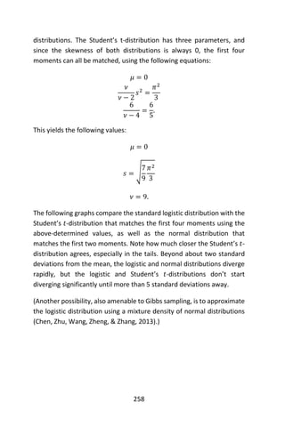 258
distributions. The Student’s t-distribution has three parameters, and
since the skewness of both distributions is always 0, the first four
moments can all be matched, using the following equations:
𝜇 = 0
𝜈
𝜈 − 2
𝑠2
=
𝜋2
3
6
𝜈 − 4
=
6
5
.
This yields the following values:
𝜇 = 0
𝑠 = √
7
9
𝜋2
3
𝜈 = 9.
The following graphs compare the standard logistic distribution with the
Student’s 𝑡-distribution that matches the first four moments using the
above-determined values, as well as the normal distribution that
matches the first two moments. Note how much closer the Student’s 𝑡-
distribution agrees, especially in the tails. Beyond about two standard
deviations from the mean, the logistic and normal distributions diverge
rapidly, but the logistic and Student’s 𝑡-distributions don’t start
diverging significantly until more than 5 standard deviations away.
(Another possibility, also amenable to Gibbs sampling, is to approximate
the logistic distribution using a mixture density of normal distributions
(Chen, Zhu, Wang, Zheng, & Zhang, 2013).)
 