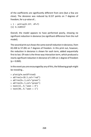 268
of the coefficients are significantly different from zero (but a few are
close). The deviance was reduced by 8.157 points on 7 degrees of
freedom, for a p-value of...
> 1 - pchisq(8.157, df=7)
[1] 0.3189537
Overall, the model appears to have performed poorly, showing no
significant reduction in deviance (no significant difference from the null
model).
The second print out shows the same overall reduction in deviance, from
65.438 to 57.281 on 7 degrees of freedom. In this print out, however,
the reduction in deviance is shown for each term, added sequentially
first to last. Of note is the three-way interaction term, which produced a
nearly significant reduction in deviance of 3.305 on 1 degree of freedom
(p = 0.069).
In the event you are encouraged by any of this, the following graph might
be revealing...
> plot(glm.out$fitted)
> abline(v=30.5,col=“red”)
> abline(h=.3,col=“green”)
> abline(h=.5,col=“green”)
> text(15,.9,”seen = 0”)
> text(40,.9,”seen = 1”)
 