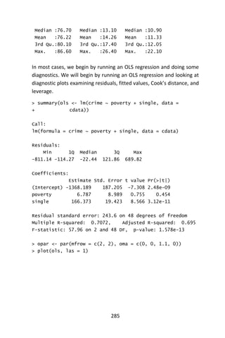 285
Median :76.70 Median :13.10 Median :10.90
Mean :76.22 Mean :14.26 Mean :11.33
3rd Qu.:80.10 3rd Qu.:17.40 3rd Qu.:12.05
Max. :86.60 Max. :26.40 Max. :22.10
In most cases, we begin by running an OLS regression and doing some
diagnostics. We will begin by running an OLS regression and looking at
diagnostic plots examining residuals, fitted values, Cook’s distance, and
leverage.
> summary(ols <- lm(crime ~ poverty + single, data =
+ cdata))
Call:
lm(formula = crime ~ poverty + single, data = cdata)
Residuals:
Min 1Q Median 3Q Max
-811.14 -114.27 -22.44 121.86 689.82
Coefficients:
Estimate Std. Error t value Pr(>|t|)
(Intercept) -1368.189 187.205 -7.308 2.48e-09
poverty 6.787 8.989 0.755 0.454
single 166.373 19.423 8.566 3.12e-11
Residual standard error: 243.6 on 48 degrees of freedom
Multiple R-squared: 0.7072, Adjusted R-squared: 0.695
F-statistic: 57.96 on 2 and 48 DF, p-value: 1.578e-13
> opar <- par(mfrow = c(2, 2), oma = c(0, 0, 1.1, 0))
> plot(ols, las = 1)
 