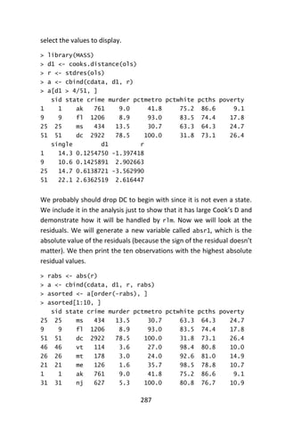 287
select the values to display.
> library(MASS)
> d1 <- cooks.distance(ols)
> r <- stdres(ols)
> a <- cbind(cdata, d1, r)
> a[d1 > 4/51, ]
sid state crime murder pctmetro pctwhite pcths poverty
1 1 ak 761 9.0 41.8 75.2 86.6 9.1
9 9 fl 1206 8.9 93.0 83.5 74.4 17.8
25 25 ms 434 13.5 30.7 63.3 64.3 24.7
51 51 dc 2922 78.5 100.0 31.8 73.1 26.4
single d1 r
1 14.3 0.1254750 -1.397418
9 10.6 0.1425891 2.902663
25 14.7 0.6138721 -3.562990
51 22.1 2.6362519 2.616447
We probably should drop DC to begin with since it is not even a state.
We include it in the analysis just to show that it has large Cook’s D and
demonstrate how it will be handled by rlm. Now we will look at the
residuals. We will generate a new variable called absr1, which is the
absolute value of the residuals (because the sign of the residual doesn’t
matter). We then print the ten observations with the highest absolute
residual values.
> rabs <- abs(r)
> a <- cbind(cdata, d1, r, rabs)
> asorted <- a[order(-rabs), ]
> asorted[1:10, ]
sid state crime murder pctmetro pctwhite pcths poverty
25 25 ms 434 13.5 30.7 63.3 64.3 24.7
9 9 fl 1206 8.9 93.0 83.5 74.4 17.8
51 51 dc 2922 78.5 100.0 31.8 73.1 26.4
46 46 vt 114 3.6 27.0 98.4 80.8 10.0
26 26 mt 178 3.0 24.0 92.6 81.0 14.9
21 21 me 126 1.6 35.7 98.5 78.8 10.7
1 1 ak 761 9.0 41.8 75.2 86.6 9.1
31 31 nj 627 5.3 100.0 80.8 76.7 10.9
 