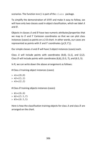 306
scenarios. The function knn() is part of the class package.
To simplify the demonstration of 𝑘𝑁𝑁 and make it easy to follow, we
will have only two classes used in object classification, which we label 𝐴
and 𝐵.
Objects in classes 𝐴 and 𝐵 have two numeric attributes/properties that
we map to 𝑋 and 𝑌 Cartesian coordinates so that we can plot class
instances (cases) as points on a 2-D chart. In other words, our cases are
represented as points with 𝑋 and 𝑌 coordinates (𝑝(𝑋, 𝑌)).
Our simple classes 𝐴 and 𝐵 will have 3 object instances (cases) each.
Class 𝐴 will include points with coordinates (0,0), (1,1), and (2,2).
Class 𝐵 will include points with coordinates (6,6), (5.5, 7), and (6.5, 5).
In R, we can write down the above arrangement as follows:
# Class 𝐴 training object instances (cases)
> A1=c(0,0)
> A2=c(1,1)
> A3=c(2,2)
# Class 𝐵 training objects instances (cases)
> B1=c(6,6)
> B2=c(5.5,7)
> B3=c(6.5,5)
Here is how the classification training objects for class 𝐴 and class 𝐵 are
arranged on the chart.
 