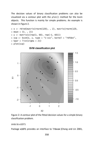 358
The decision values of binary classification problems can also be
visualized via a contour plot with the plot() method for the ksvm
objects. This function is mainly for simple problems. An example is
shown in Figure 2.
> x <- rbind(matrix(rnorm(120), , 2), matrix(rnorm(120,
+ mean = 3), , 2))
> y <- matrix(c(rep(1, 60), rep(-1, 60)))
> svp <- ksvm(x, y, type = “C-svc”, kernel = “rbfdot”,
+ kpar = list(sigma = 2))
> plot(svp)
Figure 2: A contour plot of the fitted decision values for a simple binary
classification problem.
svm in e1071
Package e1071 provides an interface to libsvm (Chang and Lin 2001,
 