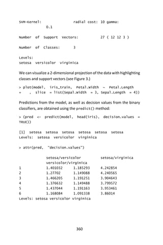 360
SVM-Kernel: radial cost: 10 gamma:
0.1
Number of Support Vectors: 27 ( 12 12 3 )
Number of Classes: 3
Levels:
setosa versicolor virginica
We can visualize a 2-dimensional projection of the data with highlighting
classes and support vectors (see Figure 3.)
> plot(model, iris_train, Petal.Width ~ Petal.Length
+ , slice = list(Sepal.Width = 3, Sepal.Length = 4))
Predictions from the model, as well as decision values from the binary
classifiers, are obtained using the predict() method:
> (pred <- predict(model, head(iris), decision.values =
TRUE))
[1] setosa setosa setosa setosa setosa setosa
Levels: setosa versicolor virginica
> attr(pred, “decision.values”)
setosa/versicolor setosa/virginica
versicolor/virginica
1 1.401032 1.185293 4.242854
2 1.27702 1.149088 4.240565
3 1.466205 1.191251 3.904643
4 1.376632 1.149488 3.799572
5 1.437044 1.191163 3.953461
6 1.168084 1.091338 3.86014
Levels: setosa versicolor virginica
 