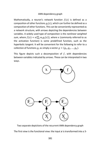 381
ANN dependency graph
Mathematically, a neuron’s network function 𝑓(𝑥) is defined as a
composition of other functions 𝑔𝑖(𝑥), which can further be defined as a
composition of other functions. This can be conveniently represented as
a network structure, with arrows depicting the dependencies between
variables. A widely used type of composition is the nonlinear weighted
sum, where 𝑓(𝑥) = 𝜅(∑ 𝑤𝑖 𝑔𝑖(𝑥)𝑖 ), where 𝜅 (commonly referred to as
the activation function) is some predefined function, such as the
hyperbolic tangent. It will be convenient for the following to refer to a
collection of functions 𝑔𝑖 as simply a vector 𝑔 = (𝑔1, 𝑔2, … , 𝑔 𝑛).
This figure depicts such a decomposition of 𝑓, with dependencies
between variables indicated by arrows. These can be interpreted in two
ways.
Two separate depictions of the recurrent ANN dependency graph
The first view is the functional view: the input 𝒙 is transformed into a 3-
 