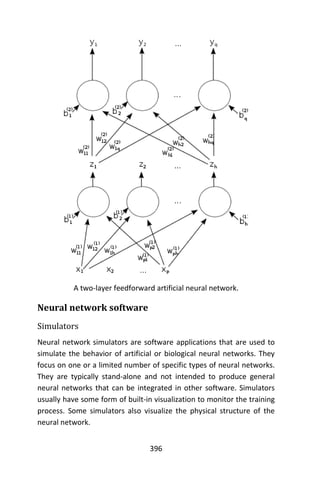 396
A two-layer feedforward artificial neural network.
Neural network software
Simulators
Neural network simulators are software applications that are used to
simulate the behavior of artificial or biological neural networks. They
focus on one or a limited number of specific types of neural networks.
They are typically stand-alone and not intended to produce general
neural networks that can be integrated in other software. Simulators
usually have some form of built-in visualization to monitor the training
process. Some simulators also visualize the physical structure of the
neural network.
 