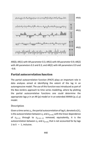 440
AR(0); AR(1) with AR parameter 0.3; AR(1) with AR parameter 0.9; AR(2)
with AR parameters 0.3 and 0.3; and AR(2) with AR parameters 0.9 and
−0.8.
Partial autocorrelation function
The partial autocorrelation function (PACF) plays an important role in
data analyses aimed at identifying the extent of the lag in an
autoregressive model. The use of this function was introduced as part of
the Box–Jenkins approach to time series modelling, where by plotting
the partial autocorrelative functions one could determine the
appropriate lags 𝑝 in an AR (𝑝) model or in an extended ARIMA (𝑝, 𝑑, 𝑞)
model.
Description
Given a time series 𝑧𝑡, the partial autocorrelation of lag 𝑘, denoted 𝛼(𝑘),
is the autocorrelation between 𝑧𝑡 and 𝑧{𝑡+𝑘} with the linear dependence
of 𝑧{𝑡+1} through to 𝑧{𝑡+𝑘−1} removed; equivalently, it is the
autocorrelation between 𝑧𝑡 and 𝑧{𝑡+𝑘} that is not accounted for by lags
1 to 𝑘 − 1, inclusive.
 