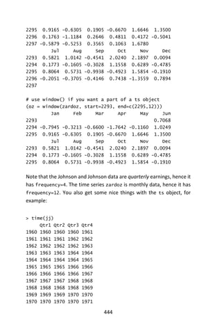 444
2295 0.9165 -0.6305 0.1905 -0.6670 1.6646 1.3500
2296 0.1763 -1.1184 0.2646 0.4811 0.4172 -0.5041
2297 -0.5879 -0.5253 0.3565 0.1063 1.6780
Jul Aug Sep Oct Nov Dec
2293 0.5821 1.0142 -0.4541 2.0240 2.1897 0.0094
2294 0.1773 -0.1605 -0.3028 1.1558 0.6289 -0.4785
2295 0.8064 0.5731 -0.9938 -0.4923 1.5854 -0.1910
2296 -0.2051 -0.3705 -0.4146 0.7438 -1.3559 0.7894
2297
# use window() if you want a part of a ts object
(oz = window(zardoz, start=2293, end=c(2295,12)))
Jan Feb Mar Apr May Jun
2293 0.7068
2294 -0.7945 -0.3213 -0.6600 -1.7642 -0.1160 1.0249
2295 0.9165 -0.6305 0.1905 -0.6670 1.6646 1.3500
Jul Aug Sep Oct Nov Dec
2293 0.5821 1.0142 -0.4541 2.0240 2.1897 0.0094
2294 0.1773 -0.1605 -0.3028 1.1558 0.6289 -0.4785
2295 0.8064 0.5731 -0.9938 -0.4923 1.5854 -0.1910
Note that the Johnson and Johnson data are quarterly earnings, hence it
has frequency=4. The time series zardoz is monthly data, hence it has
frequency=12. You also get some nice things with the ts object, for
example:
> time(jj)
Qtr1 Qtr2 Qtr3 Qtr4
1960 1960 1960 1960 1961
1961 1961 1961 1962 1962
1962 1962 1962 1962 1963
1963 1963 1963 1964 1964
1964 1964 1964 1964 1965
1965 1965 1965 1966 1966
1966 1966 1966 1966 1967
1967 1967 1967 1968 1968
1968 1968 1968 1968 1969
1969 1969 1969 1970 1970
1970 1970 1970 1970 1971
 