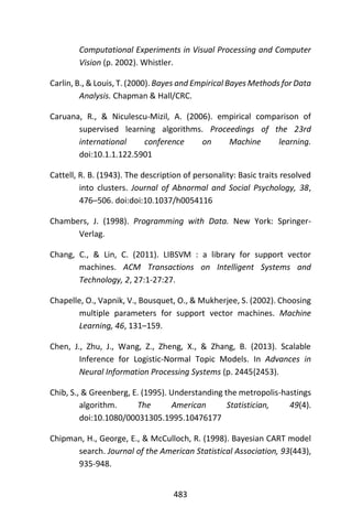 483
Computational Experiments in Visual Processing and Computer
Vision (p. 2002). Whistler.
Carlin, B., & Louis, T. (2000). Bayes and Empirical Bayes Methods for Data
Analysis. Chapman & Hall/CRC.
Caruana, R., & Niculescu-Mizil, A. (2006). empirical comparison of
supervised learning algorithms. Proceedings of the 23rd
international conference on Machine learning.
doi:10.1.1.122.5901
Cattell, R. B. (1943). The description of personality: Basic traits resolved
into clusters. Journal of Abnormal and Social Psychology, 38,
476–506. doi:doi:10.1037/h0054116
Chambers, J. (1998). Programming with Data. New York: Springer-
Verlag.
Chang, C., & Lin, C. (2011). LIBSVM : a library for support vector
machines. ACM Transactions on Intelligent Systems and
Technology, 2, 27:1-27:27.
Chapelle, O., Vapnik, V., Bousquet, O., & Mukherjee, S. (2002). Choosing
multiple parameters for support vector machines. Machine
Learning, 46, 131–159.
Chen, J., Zhu, J., Wang, Z., Zheng, X., & Zhang, B. (2013). Scalable
Inference for Logistic-Normal Topic Models. In Advances in
Neural Information Processing Systems (p. 2445{2453).
Chib, S., & Greenberg, E. (1995). Understanding the metropolis-hastings
algorithm. The American Statistician, 49(4).
doi:10.1080/00031305.1995.10476177
Chipman, H., George, E., & McCulloch, R. (1998). Bayesian CART model
search. Journal of the American Statistical Association, 93(443),
935-948.
 
