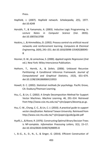 493
Press.
Hopfield, J. (2007). Hopfield network. Scholarpedia, 2(5), 1977.
doi:10.4249
Horváth, T., & Yamamoto, A. (2003). Inductive Logic Programming. In
Lecture Notes in Computer Science (Vol. 2835).
doi:10.1007/b13700
Hoskins, J., & Himmelblau, D. (1992). Process control via artificial neural
networks and reinforcement learning. Computers & Chemical
Engineering, 16(4), 241–251. doi:10.1016/0098-1354(92)80045-
B
Hosmer, D. W., & Lemeshow, S. (2000). Applied Logistic Regression (2nd
ed.). New York: Wiley-Interscience Publication.
Hothorn, T., Hornik, A., & Zeileis. (2006). Unbiased Recursive
Partitioning: A Conditional Inference Framework. Journal of
Computational and Graphical Statistics, 15(3), 651–674.
doi:10.1198/106186006X133933
Howell, D. C. (2002). Statistical methods for psychology. Pacific Grove,
CA: Duxbury/Thomson Learning.
Hsu, C., & Lin, C. (2002). A Simple Decomposition Method for Support
Vector Machines. Machine Learning, 46, 291–314. Retrieved
from http://www.csie.ntu.edu.tw/~cjlin/papers/decomp.ps.gz.
Hsu, C.-W., Chang, C.-C., & Lin, C.-J. (2010). A practical guide to support
vector classification. National Taiwan University. Retrieved from
http://www.csie.ntu.edu.tw/~cjlin/papers/guide/guide.pdf
Hyafil, L., & Rivest, R. (1976). Constructing Optimal Binary Decision Trees
is NP-complete. Information Processing Letters, 5(1), 15–17.
doi:10.1016/0020-0190(76)90095-8
I., B.-G., A., D., N., S., & Singer, G. (2014). Efficient Construction of
 