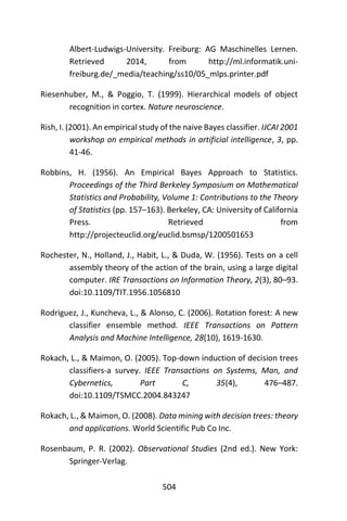 504
Albert-Ludwigs-University. Freiburg: AG Maschinelles Lernen.
Retrieved 2014, from http://ml.informatik.uni-
freiburg.de/_media/teaching/ss10/05_mlps.printer.pdf
Riesenhuber, M., & Poggio, T. (1999). Hierarchical models of object
recognition in cortex. Nature neuroscience.
Rish, I. (2001). An empirical study of the naive Bayes classifier. IJCAI 2001
workshop on empirical methods in artificial intelligence, 3, pp.
41-46.
Robbins, H. (1956). An Empirical Bayes Approach to Statistics.
Proceedings of the Third Berkeley Symposium on Mathematical
Statistics and Probability, Volume 1: Contributions to the Theory
of Statistics (pp. 157–163). Berkeley, CA: University of California
Press. Retrieved from
http://projecteuclid.org/euclid.bsmsp/1200501653
Rochester, N., Holland, J., Habit, L., & Duda, W. (1956). Tests on a cell
assembly theory of the action of the brain, using a large digital
computer. IRE Transactions on Information Theory, 2(3), 80–93.
doi:10.1109/TIT.1956.1056810
Rodriguez, J., Kuncheva, L., & Alonso, C. (2006). Rotation forest: A new
classifier ensemble method. IEEE Transactions on Pattern
Analysis and Machine Intelligence, 28(10), 1619-1630.
Rokach, L., & Maimon, O. (2005). Top-down induction of decision trees
classifiers-a survey. IEEE Transactions on Systems, Man, and
Cybernetics, Part C, 35(4), 476–487.
doi:10.1109/TSMCC.2004.843247
Rokach, L., & Maimon, O. (2008). Data mining with decision trees: theory
and applications. World Scientific Pub Co Inc.
Rosenbaum, P. R. (2002). Observational Studies (2nd ed.). New York:
Springer-Verlag.
 