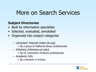 Tips on Searching the Internet<br />Similar words (~)<br />- searches for a word and all its synonyms<br />Number range se...