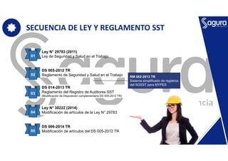 SECUENCIA DE LEY Y REGLAMENTO SST
01
02
03
04
05
Ley N° 29783 (2011)
Ley de Seguridad y Salud en el Trabajo
DS 005-2012 TR
Reglamento de Seguridad y Salud en el Trabajo
DS 014-2013 TR
Reglamento del Registro de Auditores SST
(Modificación de Disposición complementaria DS 005-2012 TR)
DS 006-2014 TR
Modificación de artículos del DS 005-2012 TR
Ley N° 30222 (2014)
Modificación de artículos de la Ley N° 29783
RM 082-2013 TR
Sistema simplificado de registros
del SGSST para MYPES
 