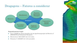 Dragagens – Fatores a considerar
Dragagens Características
Técnicas
(PIANC)
Hidrodinâmica
Batimetria
Requisitos
operacionais
(Pilotagem)
Exigências
ambientais
Necessidades
comerciais
Enquadramento Legal:
 Lei nº 58/2005 de 29 de dezembro (lei da água/transposição da Diretiva nº
2000/60/CE do Parlamento Europeu);
 Decreto-lei nº 226 A/2007 de 31 de maio;
 Portaria nº 1450/2007 de 12 de novembro
 