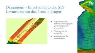 Dragagens – Envolvimento dos SIG
Levantamento das áreas a dragar
 Mapeamento dos
trabalhos de dragagem
quantificação das
necessidades
 Planeamento da
campanha
 Monitorização do
assoreamento
 