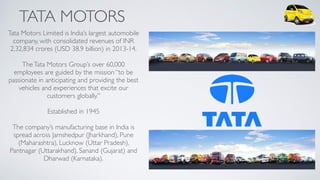 TATA MOTORS
Tata Motors Limited is India’s largest automobile
company, with consolidated revenues of INR
2,32,834 crores (USD 38.9 billion) in 2013-14.
TheTata Motors Group’s over 60,000
employees are guided by the mission “to be
passionate in anticipating and providing the best
vehicles and experiences that excite our
customers globally.’'
Established in 1945
The company’s manufacturing base in India is
spread across Jamshedpur (Jharkhand), Pune
(Maharashtra), Lucknow (Uttar Pradesh),
Pantnagar (Uttarakhand), Sanand (Gujarat) and
Dharwad (Karnataka).
 