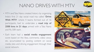 NANO DRIVES WITH MTV
• MTV and Tata Nano created history by organizing
India’s ﬁrst 21 day social road trip called “Drive
With MTV’. where 4 teams formed out of 16
participants, had to undertake a road trip of
2500 kms in 21 days, armed with a Tata Nano
and Rs. 50K each.
• Each team had a  social media engagement
score based on the likes, comments, video views,
etc. accumulated by posting content on social
media sites and driving engagement through their
social network. 
 