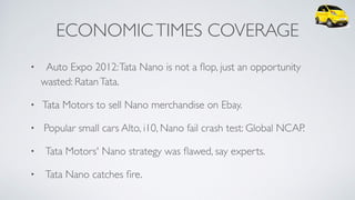 ECONOMICTIMES COVERAGE
• Auto Expo 2012:Tata Nano is not a ﬂop, just an opportunity
wasted: RatanTata.
• Tata Motors to sell Nano merchandise on Ebay.
• Popular small cars Alto, i10, Nano fail crash test: Global NCAP.
• Tata Motors' Nano strategy was ﬂawed, say experts.
• Tata Nano catches ﬁre.
 