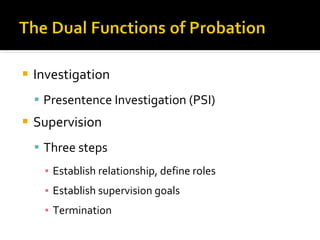 Investigation Presentence Investigation (PSI) Supervision Three steps Establish relationship, define roles Establish supervision goals Termination  
