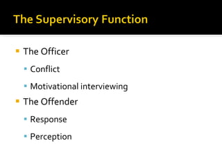 The Officer Conflict Motivational interviewing  The Offender  Response  Perception  