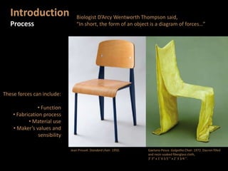 These forces can include:
• Function
• Fabrication process
• Material use
• Maker’s values and
sensibility
Jean Prouvé. Standard chair. 1950.
Introduction
Process
Biologist D’Arcy Wentworth Thompson said,
“In short, the form of an object is a diagram of forces…”
Gaetano Pesce. Golgotha Chair. 1972. Dacron filled
and resin soaked fiberglass cloth,
3' 3” x 1' 6 1⁄2 ” x 2' 3 3⁄4 ".
 