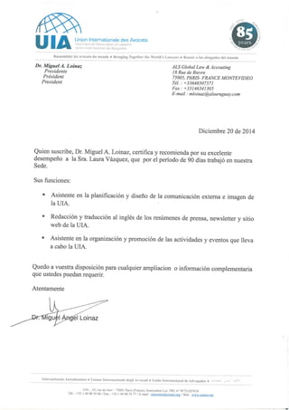 Carta de recomendación laboral  del Dr. Miguel Loinaz para Laura Vázquez