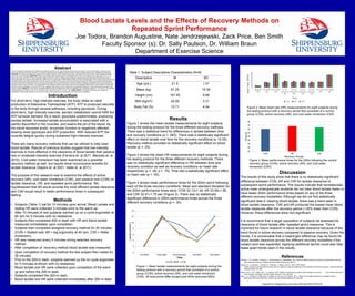 Blood Lactate Levels and the Effects of Recovery Methods on
Repeated Sprint Performance
Joe Todora, Brandon Augustine, Nate Jendrzejewski, Zack Price, Ben Smith
Faculty Sponsor (s): Dr. Sally Paulson, Dr. William Braun
Department of Exercise Science
Abstract
A drop in muscle pH associated with lactate accumulation during short-term, high-intensity exercise may be a cause for local muscle fatigue. Lactate removal
occurs naturally within the body; however, it is unclear if certain recovery modalities might be used to enhance lactate clearance and subsequent performance.
PURPOSE: To examine the difference in effects of cold water immersion (CWI), active recovery (AR), and passive recovery (CON) on blood lactate levels after
successive bouts of sprinting. METHODS: Eight active healthy male university students participated in this study. The subjects had a mean age of 21.5 ± 1.31
years, mean mass of 81.25 ± 15.39 kg, and mean height of 181.45 ± 9.68 cm. Resting measurements for blood lactate and heart rate (HR) were taken after 10
minutes of seated rest. Subjects then performed a 400m sprint at maximal effort. HR and blood lactate were then recorded again. Each subject was required to test
three different days, each day consisting of a random recovery modality. HR was taken every five minutes during each 20 minute recovery period. Blood lactate
was taken within three minutes after the recovery period and after a 35 minute rest period for all three conditions. Subjects completed a 200 m sprint and HR and
lactate were taken upon completion. A two-way ANOVA with repeated measures was used to determine any significant differences in blood lactate or HR between
the three recovery modalities. A one-way ANOVA with repeated measures was used to determine any significant difference in sprint performance times after each
recovery method. RESULTS: There was no significant difference shown between the recovery modalities on all 3 variables: lactate (p = .21), HR (p = .70), and 200
m performance time (CON: 32.13±1.34 s; AR: 33.56±1.95 s; and CWI: 32.91±1.75 s) (p = .30). CONCLUSION: The results of this study do not support an
advantage for blood lactate clearance or an impact on 200 m sprint performance time between the three recovery modalities.
Introduction
For short-term, high intensity exercise, the body relies on rapid
production of Adenosine Triphosphate (ATP). ATP is produced naturally
in the body through several pathways, including glycolysis. During
short-term, high intensity exercise, aerobic metabolism cannot fulfill the
ATP turnover demand. As a result, glycolysis predominates, producing
excess lactate. Increased lactate accumulation is associated with a
painful discomfort in the muscles, and lowers the pH of the blood. As
the blood becomes acidic, enzymatic function is negatively affected,
slowing down glycolysis and ATP production. With reduced ATP, the
muscles fatigue quickly during sustained high-intensity exercise.
There are many recovery methods that can be utilized to help clear
blood lactate. Results of previous studies suggest that low-intensity
exercise is more effective in the clearance of blood lactate than passive
rest or moderate-intensity exercise (Ferreira et. al 2011, Menzies et. al
2010). Cold water immersion has been examined as a possible
recovery method as well, but results show inconclusive benefits for
lactate clearance (Sayers et. al 2001; Vaille et. al 2011).
The purpose of this research was to examine the effects of active
recovery (AR), cold water immersion (CWI), and passive rest (CON) on
lactate clearance, HR, and repeated sprint performance. We
hypothesized that AR would provide the most efficient lactate clearance
and CWI would result in better performance times in subsequent
testing.
Methods
• Subjects (Table 1) sat for 10 minutes upon arrival. Blood Lactate and
resting HR were collected 3 minutes prior to the warm up.
• After 10 minutes of rest subjects warmed up on a cycle ergometer at
60 rpm for 5 minutes with no resistance.
• Subjects then completed 400-m dash with HR and blood lactate
measured immediately upon completion.
• Subjects then completed assigned recovery method for 20 minutes:
(CON = Seated rest; AR = leg ergometry at 40 rpm; CWI = Water
immersion).
• HR was measured every 5 minutes during selected recovery
method.
• After completion of recovery method blood lactate was measured.
• Upon completion of recovery method the test subject then rested for
35 minutes.
• Prior to the 200-m dash, subjects warmed up the on cycle ergometer
for 5 minutes at 60rpm with no resistance.
• Blood lactate and HR were collected upon completion of the warm
up and before the 200-m dash.
• Subjects completed the 200-m dash.
• Blood lactate and HR were collected immediately after 200-m dash.
Results
Figure 1 shows the mean lactate measurements for eight subjects
during the testing protocol for the three different recovery methods.
There was a statistical trend for differences in lactate between time
and recovery conditions (p = .083). There was a statistically significant
effect on blood lactate over time for the recovery conditions (p <0.05).
Recovery method provided no statistically significant effect on blood
lactate (p = .25).
Figure 2 shows the mean HR measurements for eight subjects during
the testing protocol for the three different recovery methods. There
was no statistically significant difference in HR between time and
recovery condition as well as recovery conditions on heart rate
respectively (p = .09; p = .70). Time had a statistically significant effect
on heart rate (p = .00).
Figure 3 shows mean performance times for the 200m sprint following
each of the three recovery conditions. Mean and standard deviation for
the 200m performance times were; CON 32.13±1.34, AR 33.56±1.95,
and CWI 32.91±1.75 sec (Figure 3). There was no statistically
significant difference in 200m performance times across the three
different recovery conditions (p = .30).
Discussion
The results of this study show that there is no statistically significant
difference between CON, AR and CWI for lactate clearance or
subsequent sprint performance. The results indicate that recreationally
active male undergraduate students did not clear blood lactate faster or
have faster 200m performance times based on any of the three
different recovery modalities. Although we did not find statistically
significant data in clearing blood lactate, there was a trend seen in
blood lactate clearance. CWI and AR produced the lowest mean blood
lactate measures after the recovery period (~35% lower than CON).
However, these differences were non-significant.
It is recommend that a larger population of subjects be assessed for
clearance of blood lactate after repeated sprint measures. This is
important for future research in blood lactate clearance because of the
trend found in active recovery compared to passive recovery. Given the
trends, it is conceivable that a meaningful difference may be found for
blood lactate clearance across the different recovery modalities if the
subject pool was expanded. Applying additional sprints could also help
tease apart trends seen in the results.
References
Ferreira, J., R. Carvalho, T. Barroso, L. Szmuchrowski, D. Sledziewski. 2011. Effect of different types of recovery on blood lactate removal
after maximum exercise. Political Journal of Sport Tourism 18: 105-111.
Menzies, P., C. Menzies, L. Mcintyre, P. Paterson, J. Wilson, and O.J. Kemi. 2010. Blood
lactate clearance during active recovery after an intense running bout depends on the intensity of the active recovery. Journal of Sports
Sciences 28(9): 975-982
Sayers, M.G., A. M. Calder, and J. G. Sanders. 2011. Effects of whole-body contrast-water therapy on recovery from intense exercise of
short duration. European Journal of Sport Science 11 (4): 293-302
Vaile, J., C. O’Hagan, B. Stefanovic, M. Walker, N. Gill, and C.D. Askew. 2011. Effect of cold water immersion on repeated cycling
performance and limb blood flow. British Journal of Sports Medicine 45: 825-829
Supported by Shippensburg University-UGR grant #2014/2015-30.
Table 1. Subject Descriptive Characteristics (N=8)
Figure 3. Mean performance times for the 200m following the control
recovery group (CON), active recovery (AR), and cold water
immersion (CWI).
Descriptive M SD
Age (yrs.) 21.5 1.31
Mass (kg) 81.25 15.39
Height (cm) 181.45 9.68
BMI (kg/m2) 24.56 3.31
Body Fat (%) 13.71 4.54
0
2
4
6
8
10
12
14
Pre-400m Post-400m Post Recovery Pre-200m Post-200m
Lactate(mmol/L)
Time
CON AR CWI
60
70
80
90
100
110
120
130
140
150
160
170
180
190
200
Resting
HR
Pre-400m
HR
Post 400m
HR
5 min
Recovery
HR
10 min
Recovery
HR
15 min
Recovery
HR
20 min
Revovery
HR
Pre 200m
HR
Post 200m
HR
HeartRate(BPM)
Time
Con AR CWI
20
22
24
26
28
30
32
34
36
CON AR CWI
Time(s)
Recovery Groups
Figure 2. Mean heart rate (HR) measurements for eight subjects during
the testing protocol with a recovery period that consisted of a control
group (CON), active recovery (AR), and cold water immersion (CWI).
Figure 1. Mean lactate measurements for eight subjects during the
testing protocol with a recovery period that consisted of a control
group (CON), active recovery (AR), and cold water immersion
(CWI). All time points differ except post-400m and post-200m.
 