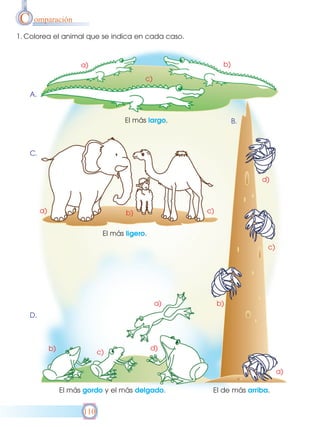 C omparación
1. Colorea el animal que se indica en cada caso.

b)

a)
c)
A.

El más largo.

B.

C.

d)

a)

c)

b)
El más ligero.

c)

a)

b)

D.

b)

c)

d)
a)

El más gordo y el más delgado.

110

El de más arriba.

 