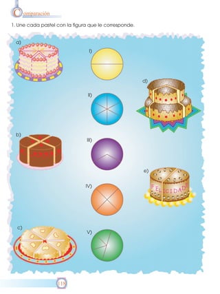 C omparación
1. Une cada pastel con la figura que le corresponde.

a)
I)

d)
II)

b)
III)

e)
IV)

c)
V)

118

 