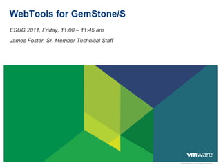 WebTools for GemStone/S
ESUG 2011, Friday, 11:00 – 11:45 am
James Foster, Sr. Member Technical Staff




                                           © 2010 VMware Inc. All rights reserved
 