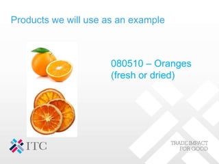 Products we will use as an example
080510 – Oranges
(fresh or dried)
 