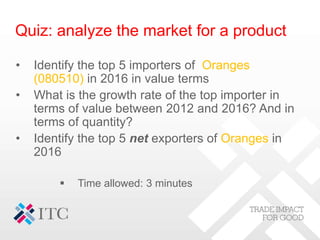 • Identify the top 5 importers of Oranges
(080510) in 2016 in value terms
• What is the growth rate of the top importer in
terms of value between 2012 and 2016? And in
terms of quantity?
• Identify the top 5 net exporters of Oranges in
2016
 Time allowed: 3 minutes
Quiz: analyze the market for a product
 