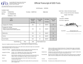 Test
Name
(mm/dd/yy)
Issued by Official GED Testing Centers of the General
Educational Development Testing Service of the
American Council on Education
Official Transcript of GED Tests
Candidate's Name
Last Name: YONGRATIKUL First Name: KANPITCHA Middle Intial:
Address: 41/2 PRIDAROM RD.
Standard
Score
Percentile
Rank
Test Date Test Form
Used
Language Arts, Reading
Language Arts, Writing
420 21 5/4/2011 IK
* indicates essay was off-topic and did not pass
** indicates essay did not meet the minimum requirements.
Mathematics
Science
Social Studies
Overall Status: Pass
470
570
540
530
38
76
66
62
5/4/2011
5/6/2011
5/6/2011
5/6/2011 IK
IK
IK
IK
Language Arts, Reading Demonstrate essential skills in Literary Texts: poetry; drama; prose fiction before 1920,
between 1920, 1960, and after 1960 (75%); Nonfiction Prose (25%).
Two parts – Part 1: Organization (15%); Sentence Structure (30%); Usage (30%);
Mechanics (25%). Part II: Essay (45-minute direct writing exercise).
Language Arts, Writing
Number Operations and Number Sense (25%); Measurement and Geometry (25%); Data
Analysis, Statistics, and Probability (25%); Algebra, Functions and Patterns (25%).
Mathematics
Science Life Science (45%); Earth and Space Science (20%); Physical Science (includes:
Chemistry and Physics) (35%).
Social Studies National History (25%); World History (15%); Economics (20%); Civics and Government
(25%); Geography (15%).
General Educational Development (GED) consists of 5 tests, which measure achievement in subject areas associated with
a high school program of study. The 5 tests consist of:
Status
Standard Score
Percentile Rank
Test Date
Test Form Used
Indicates if candidate passed or failed the battery of tests. Passing the battery requires a total standard
score of 2250, and a minimium standard score of 410 on each of the tests. If candidate has not taken all
five tests, "Incomplete" is marked.
Standard scores range from 200 to 800. These scores compare performance to a grade 12 student and do
not reflect how many questions the candidate correctly answered on a test.
Measured on how the candidate scored in relation to others who have written the same test. The higher the
number, the better the candidate did from results collected from a national sample of high school seniors.
The date the test was written.
For internal use only. Indicates which test form was used.
Signature:
Issued Date:
Center Name:
Address:
Phone:
Institute of International Education
6th Floor 518/3 Ploenchit Rd Pathumwan
Bangkok 10330 Thailand,
Center ID#: 6100998481
Test Format: English Print
This document is printed on copy protected paper.
Thursday, May 26, 2011
Please note: If candidate has written GED tests more than once, only the highest scores will appear on the transcript.
GED is a registered trademark of the American Council on Education and may not be used or
reproduced without the express written permission of the American Council on Education.
®
SONGKHLA, 90110
(out of 800)
2530 Total Standard Score
GED ID Number: 301092565
 
