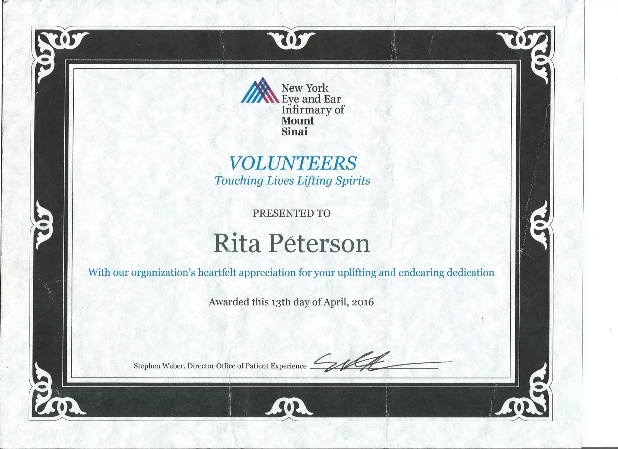Volunteer Certificate New York Eye and Ear Infirmary of Mount Sinai PDF