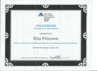 Volunteer Certificate - New York Eye and Ear Infirmary of Mount Sinai