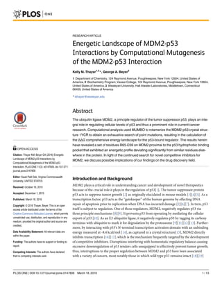 RESEARCH ARTICLE
Energetic Landscape of MDM2-p53
Interactions by Computational Mutagenesis
of the MDM2-p53 Interaction
Kelly M. Thayer1,3
*, George A. Beyer2
1 Department of Chemistry, 124 Raymond Avenue, Poughkeepsie, New York 12604, United States of
America, 2 Biochemistry Program, Vassar College, 124 Raymond Avenue, Poughkeepsie, New York 12604,
United States of America, 3 Wesleyan University, Hall Atwater Laboratories, Middletown, Connecticut
06459, United States of America
* kthayer@wesleyan.edu
Abstract
The ubiquitin ligase MDM2, a principle regulator of the tumor suppressor p53, plays an inte-
gral role in regulating cellular levels of p53 and thus a prominent role in current cancer
research. Computational analysis used MUMBO to rotamerize the MDM2-p53 crystal struc-
ture 1YCR to obtain an exhaustive search of point mutations, resulting in the calculation of
the ΔΔG comprehensive energy landscape for the p53-bound regulator. The results herein
have revealed a set of residues R65-E69 on MDM2 proximal to the p53 hydrophobic binding
pocket that exhibited an energetic profile deviating significantly from similar residues else-
where in the protein. In light of the continued search for novel competitive inhibitors for
MDM2, we discuss possible implications of our findings on the drug discovery field.
Introduction and Background
MDM2 plays a critical role in understanding cancer and development of novel therapeutics
because of the crucial role it plays in the regulation of p53[1]. The tumor suppressor protein
p53 acts to suppress tumor growth [2] as originally elucidated in mouse models [3][4][5]. As a
transcription factor, p53 acts as the “gatekeeper” of the human genome by effecting DNA
repair of apoptosis prior to replication when DNA has incurred damage [2][6][7]. In turn, p53
itself is subject to regulation. One of those regulators, MDM2, negatively regulates p53 via
three principle mechanisms [8][9]. It prevents p53 from operating by mediating the cellular
export of p53 [10]. As an E3 ubiquitin ligase, it negatively regulates p53 by tagging its carboxy
terminus with ubiquitin to mark it for degradation by the proteasome [9][11][12][13]. Further-
more, by interacting with p53’s N-terminal transcription activation domain with an unbinding
energy measured at -8.4 kcal/mol [14], as captured in a crystal structure[15], MDM2 directly
inhibits transcription [16][17], which is the mechanism frequently targeted by the development
of competitive inhibitors. Disruptions interfering with homeostatic regulatory balance causing
excessive downregulation of p53 renders cells unequipped to effectively prevent tumor growth;
thus, interruptions to the proper regulation between MDM2 and p53 have been associated
with a variety of cancers, most notably those in which wild type p53 remains intact [18][19]
PLOS ONE | DOI:10.1371/journal.pone.0147806 March 18, 2016 1 / 13
OPEN ACCESS
Citation: Thayer KM, Beyer GA (2016) Energetic
Landscape of MDM2-p53 Interactions by
Computational Mutagenesis of the MDM2-p53
Interaction. PLoS ONE 11(3): e0147806. doi:10.1371/
journal.pone.0147806
Editor: Swati Palit Deb, Virginia Commonwealth
University, UNITED STATES
Received: October 16, 2015
Accepted: December 1, 2015
Published: March 18, 2016
Copyright: © 2016 Thayer, Beyer. This is an open
access article distributed under the terms of the
Creative Commons Attribution License, which permits
unrestricted use, distribution, and reproduction in any
medium, provided the original author and source are
credited.
Data Availability Statement: All relevant data are
within the paper.
Funding: The authors have no support or funding to
report.
Competing Interests: The authors have declared
that no competing interests exist.
 
