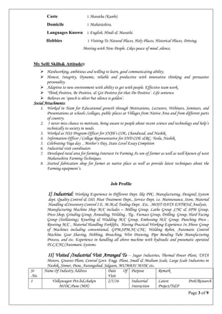 Page 3 of 9
Caste : Maratha (Kunbi)
Domicile : Mahārāshtra.
Languages Known : English, Hindi & Marathi.
Hobbies : Visiting To Natural Places, Holy Places, Historical Places, Driving,
Meeting with New People. Likes peace of mind ,silence,
My Self( Skills& Attitude):
 Hardworking, ambitious and willing to learn, good communicating ability.
 Honest, Integrity, Dynamic, reliable and productive with innovative thinking and persuasive
personality.
 Adaptive to new environment with ability to get with people. Effective team work.
 „Think Positive, Be Positive, & Get Positive for that Do Positive‟. Life sentence.
 Believes on „speech is silver but silence is golden‟.
Social Attachments:
1. Worked in Team for Educational growth through Motivations, Lecturers, Webinars, Seminars, and
Presentations at schools /colleges, public places at Villages from Native Area and from different parts
of country.
2. I never miss chance to motivate, being aware to people about recent science and technology and help‟s
technically to society in needs.
3. Worked as NSS Program Officer for SNJB‟s COE, Chandwad, and Nashik.
4. Information Officer / College Representative for SND COE &RC, Yeola, Nashik.
5. Celebrating Yoga day , Mother‟s Day, State Level Essay Compition
6. Industrial visit coordinator.
7. Developed rural area for farming.Intersest In Farming As son of farmer as well as well-known of west
Maharashtra Farming Techniques.
8. Started fabrication shop for farmer at native place as well as provide latest techniques about the
Farming equipment‟s.
Job Profile
I] Industrial: Working Experience in Different Dept. like PPC, Manufacturing, Design& System
dept. Quality Control & ISO, Heat Treatment Dept., Service Dept. i.e. Maintenance, Store, Material
Handling &Inventory Control I.E. M.M,& Tooling Dept. .Etc. .MOST DATA ENTRY& Analysis.
Manufacturing Machine Shop M/C includes – Milling Group, Lathe Group ,CNC & SPM Group,
Press Shop, Grinding Group, Annealing, Welding , Tig , Furnace Group, Drilling Group, Hard Facing
Group (Stellateing), Knurling & Wadding M/C Group, Embossing M/C Group, Punching Press ,
Riveting M/C , Material Handling Forklifts, Having Practical Working Experience In Above Group
of Machines including conventional, GPM,SPM,NC-CNC, Welding Robot, Automatic Control
Machine. Gear Shaving, Hobbing, Broaching, Wire Drawing, Pipe Bending Tube Manufacturing
Process, and etc. Experience in handling all above machine with hydraulic and pneumatic operated
PLC/CNC/Automatic Systems.
II] Visited /Industrial Visit Arranged To – Sugar Industries, Thermal Power Plant, TATA
Motors, Greaves Plant, Central Govt. Engg. Plant, Small & Medium Scale, Large Scale Industries in
Nashik, Sinner, Pune, Aurangabad, Jalgaon, MUMBAI MIDC etc.
Sr
.No.
Name Of Industry Address Date Of
Visit
Purpose Remark
1 Volkswagen Pvt.ltd,chaken
MIDC,Pune (MH)
2/5/16 Industrial
Interaction
Latest Prob/Research
Project/T&P
 