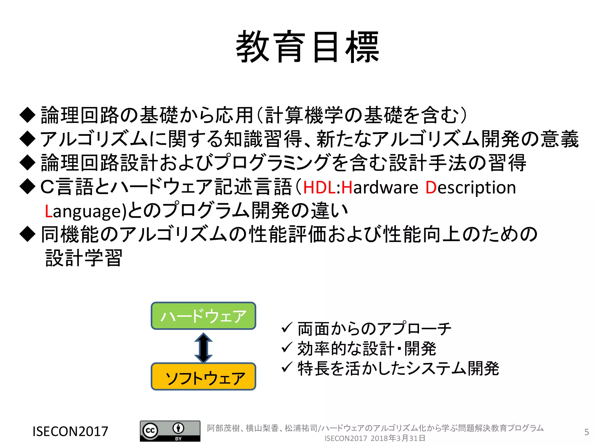 5
教育目標
ISECON2017
ハードウェア
◆論理回路の基礎から応用（計算機学の基礎を含む）
◆アルゴリズムに関する知識習得、新たなアルゴリズム開発の意義
◆論理回路設計およびプログラミングを含む設計手法の習得
◆Ｃ言語とハードウェア記述言語（HDL:Hardware Description
Language)とのプログラム開発の違い
◆同機能のアルゴリズムの性能評価および性能向上のための
設計学習
ソフトウェア
✓ 両面からのアプローチ
✓ 効率的な設計・開発
✓ 特長を活かしたシステム開発
阿部茂樹、横山梨香、松浦祐司/ハードウェアのアルゴリズム化から学ぶ問題解決教育プログラム
ISECON2017 2018年3月31日
 