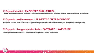 1/ Enjeu d’identité : S’APPUYER SUR LE RÉEL
Contrat de communication : Informer / S’inscrire dans la continuité / Prouver, sourcer les faits avancés / Confronter
2/ Enjeu de positionnement : SE METTRE EN TRAJECTOIRE
Approche tournée vers 2030 /2050 / Enjeu de temps nouveau : raconter en avançant (storytelling > storyacting)
3/ Enjeu de changement d’échelle : PARTAGER L’AVENTURE
Embarquer dedans et dehors / Impliquer l’éco-système / Enjeu systémique
 