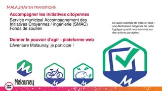 Accompagner les initiatives citoyennes
Service municipal Accompagnement des
Initiatives Citoyennes / ingénierie (SMAC)
Fonds de soutien
Donner le pouvoir d’agir : plateforme web
L’Aventure Malaunay, je participe !
MALAUNAY EN TRANSITIONS
Un autre exemple de mise en récit :
une déclinaison citoyenne de notre
logotype quand nous sommes sur
des actions partagées.
 