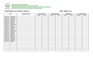 ESTADO DE MATO GROSSO
             PREFEITURA MUNICIPAL DE CAMPO VERDE
             SECRETARIA MUNICIPAL DE EDUCAÇÃO, CULTURA E DESPORTO.
             ESCOLA MUNICIPAL DONA MARIA ARTEMIR PIRES

PROFESSOR (A): FABIANA MOTTA                                                 MÊS: ABRIL 2010

       DIA                 ASSINATURA           MATUTINO          VESPERTINO        NOTURNO     H. ATIVIDADE
                                               ENT     SAI       ENT       SAI    ENT     SAI   ENT       SAI
01/04/10   QUINTA
05/04/10   SEGUNDA
06/04/10   TERÇA
07/04/10   QUARTA
08/04/10   QUINTA
09/04/10   SEXTA
12/04/10   SEGUNDA
13/04/10   TERÇA
14/04/10   QUARTA
15/04/10   QUINTA
16/04/10   SEXTA
19/04/10   SEGUNDA
20/04/10   TERÇA
22/04/10   QUINTA
23/04/10   SEXTA
26/04/10   SEGUNDA
27/04/10   TERÇA
28/04/10   QUARTA
29/04/10   QUINTA
30/04/10   SEXTA
 