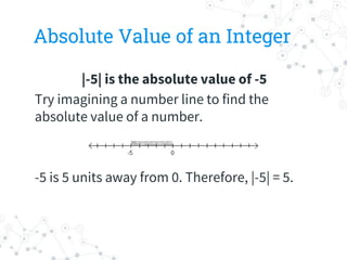 Absolute Value of an Integer
|-5| is the absolute value of -5
Try imagining a number line to find the
absolute value of a number.
-5 is 5 units away from 0. Therefore, |-5| = 5.
 