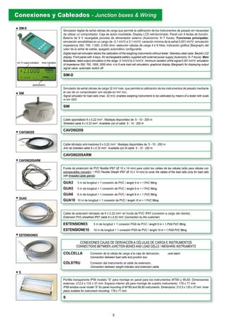 Simulador de señal células de carga 32 mV máx. que permite la calibración de los instrumentos de pesado mediante
el uso de un comprobador con escala en mV Vcc.
Signal simulator for load cells (max. 32 mV); enables weighing instruments to be calibrated by means of a tester with scale
in mV VDC.
SIM
Cable apantallado 6 x 0,22 mm2
. Madejas disponibles de: 5 - 10 - 200 m
Shielded cable 6 x 0.22 mm2
. Available coil of cable: 5 - 10 - 200 m
CAVO6020S
Cable blindado anti-roedores 6 x 0,22 mm2
. Madejas disponibles de: 5 - 10 - 200 m
Anti rat shielded cable 6 x 0.22 mm2
. Available coil of cable: 5 - 10 - 200 m
CAVO6020SARM
Funda de protección de PVC ﬂexible IP67 (Ø 10 x 14 mm) para cubrir los cables de las células (sólo para células con
prensacables roscado). / PVC Flexible Sheath IP67 (Ø 10 x 14 mm) to cover the cables of the load cells (only for load cells
with threaded cable glands).
GUA3 3 m de longitud + 1 conexión de PVC / lenght 3 m + 1 PVC ﬁtting
GUA5 5 m de longitud + 1 conexión de PVC / lenght 5 m + 1 PVC ﬁtting
GUA6 6 m de longitud + 1 conexión de PVC / lenght 6 m + 1 PVC ﬁtting
GUA10 10 m de longitud + 1 conexión de PVC / lenght 10 m + 1 PVC ﬁtting
Cable de extensión blindado de 6 x 0,22 mm2
en funda de PVC IP67 (conexión a cargo del cliente).
Extension PVC-sheathed IP67 cable 6 x 0.22 mm2
(connection by the customer).
ESTENSIONE5 5 m de longitud + 1 conexión PG9 de PVC / lenght 5 m + 1 PG9 PVC ﬁtting
ESTENSIONE10 10 m de longitud + 1 conexión PG9 de PVC / lenght 10 m + 1 PG9 PVC ﬁtting
CONEXIONES CAJAS DE DERIVACIÓN A CÉLULAS DE CARGA E INSTRUMENTOS
CONNECTIONS BETWEEN JUNCTION BOXES AND LOAD CELLS / WEIGHING INSTRUMENTS
COLCELLA Conexión de la célula de carga a la caja de derivación. unid./each
Connection between load cells and junction box.
COLSTRU Conexión del instrumento al cable de extensión.
Connection between weight indicator and extension cable.
Portilla transparente IP56 modelo “S” para montaje en panel para los instrumentos WT60 y WL60. Dimensiones
externas: 212,5 x 133 x 37 mm. Espacio interior útil para montaje de vuestro instrumento: 178 x 77 mm.
IP56 window cover model “S” for panel mounting of WT60 and WL60 instruments. Dimensions: 212.5 x 133 x 37 mm. Inner
place suitable for instrument mounting: 178 x 77 mm.
S
Simulador digital de señal células de carga que permite la calibración de los instrumentos de pesado sin necesidad
de utilizar un comprobador. Caja de acero inoxidable. Display LCD retroiluminado. Panel con 4 teclas de función.
Batería de 9 V recargable provista de alimentador externo (Autonomía: 6~7 horas). Funciones principales:
simulación sensibilidad en un rango de -3,1 mV/V a 3,1 mV/V; variación mínima de la señal 0,001 mV/V; simulación
impedancia 350, 700, 1.000, 2.000 ohm; selección células de carga 4 o 6 hilos; indicación gráﬁca (Bargraph) del
valor de la señal de salida; apagado automático conﬁgurable.
Digital load cell simulator allows the calibration of the weighing instruments without tester. Stainless steel case. Backlit LCD
display. Front panel with 4-keys. 9V rechargeable battery supplied with external power supply (Autonomy: 6~7 hours). Main
functions: rated output simulation in the range -3.1mV/V to 3.1mV/V; minimum variation of the signal 0.001 mV/V; simulation
of impedance 350, 700, 1000, 2000 ohm; 4 or 6 wire load cell simulation; graphical display (Bargraph) for displaying output
signal value; automatic switch off.
SIM-D
Conexiones y CableadosConexiones y Cableados - Junction boxes & Wiring- Junction boxes & Wiring
S
ESTENSIONE5
GUA5
CAVO6020S
CAVO6020SARM
SIM
SIM-D
BARGRAPH
mV /V output indication timer indication
5
 