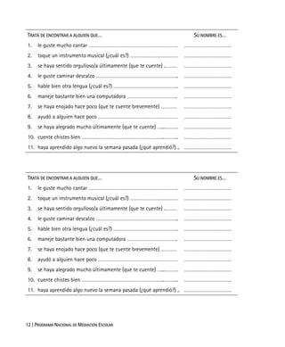 12 | PROGRAMA NACIONAL DE MEDIACIÓN ESCOLAR
TRATÁ DE ENCONTRAR A ALGUIEN QUE… SU NOMBRE ES…
1. le guste mucho cantar …………………………………………………………. ………………………………
2. toque un instrumento musical (¿cuál es?) ……………………………… ………………………………
3. se haya sentido orgulloso/a últimamente (que te cuente) .……… ………………………………
4. le guste caminar descalzo …………………………………………………….. ………………………………
5. hable bien otra lengua (¿cuál es?) …………………………………………. ………………………………
6. maneje bastante bien una computadora ……………………………….. ………………………………
7. se haya enojado hace poco (que te cuente brevemente) ………… ………………………………
8. ayudó a alguien hace poco …………………………………………………… ………………………………
9. se haya alegrado mucho últimamente (que te cuente) …...………. ………………………………
10. cuente chistes bien ……………………………………………………..……….. ………………………………
11. haya aprendido algo nuevo la semana pasada (¿qué aprendió?) .. ………………………………
TRATÁ DE ENCONTRAR A ALGUIEN QUE… SU NOMBRE ES…
1. le guste mucho cantar …………………………………………………………. ………………………………
2. toque un instrumento musical (¿cuál es?) ……………………………… ………………………………
3. se haya sentido orgulloso/a últimamente (que te cuente) .……… ………………………………
4. le guste caminar descalzo …………………………………………………….. ………………………………
5. hable bien otra lengua (¿cuál es?) …………………………………………. ………………………………
6. maneje bastante bien una computadora ……………………………….. ………………………………
7. se haya enojado hace poco (que te cuente brevemente) ………… ………………………………
8. ayudó a alguien hace poco …………………………………………………… ………………………………
9. se haya alegrado mucho últimamente (que te cuente) …...………. ………………………………
10. cuente chistes bien ……………………………………………………..……….. ………………………………
11. haya aprendido algo nuevo la semana pasada (¿qué aprendió?) .. ………………………………
 