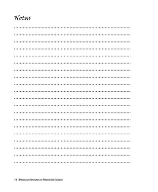 78 | PROGRAMA NACIONAL DE MEDIACIÓN ESCOLAR
Notas
……………………………………………………………………..
……………………………………………………………………..
……………………………………………………………………..
……………………………………………………………………..
……………………………………………………………………..
……………………………………………………………………..
……………………………………………………………………..
……………………………………………………………………..
……………………………………………………………………..
……………………………………………………………………..
……………………………………………………………………..
……………………………………………………………………..
……………………………………………………………………..
……………………………………………………………………..
……………………………………………………………………..
……………………………………………………………………..
……………………………………………………………………..
……………………………………………………………………..
……………………………………………………………………..
……………………………………………………………………..
 