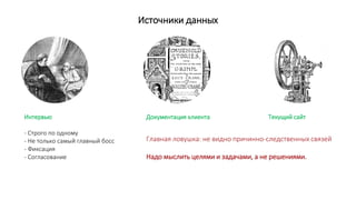 Источники данных
Интервью
- Строго по одному
- Не только самый главный босс
- Фиксация
- Согласование
Документация клиента Текущий сайт
Главная ловушка: не видно причинно-следственных связей
Надо мыслить целями и задачами, а не решениями.
 
