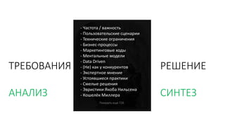ТРЕБОВАНИЯ
АНАЛИЗ
РЕШЕНИЕ
СИНТЕЗ
- Частота / важность
- Пользовательские сценарии
- Технические ограничения
- Бизнес-процессы
- Маркетинговые ходы
- Ментальные модели
- Data Driven
- (Не) как у конкурентов
- Экспертное мнение
- Устоявшиеся практики
- Смелые решения
- Эвристики Якоба Нильсена
- Кошелёк Миллера
Показать еще 726
 