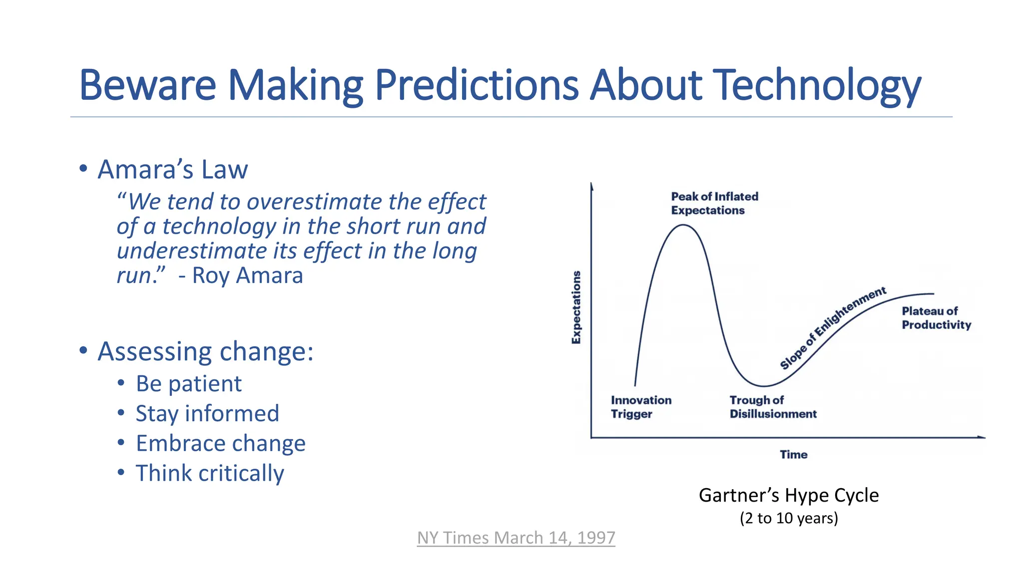 Beware Making Predictions About Technology
• Amara’s Law
“We tend to overestimate the effect
of a technology in the short run and
underestimate its effect in the long
run.” - Roy Amara
• Assessing change:
• Be patient
• Stay informed
• Embrace change
• Think critically
Gartner’s Hype Cycle
(2 to 10 years)
NY Times March 14, 1997
 